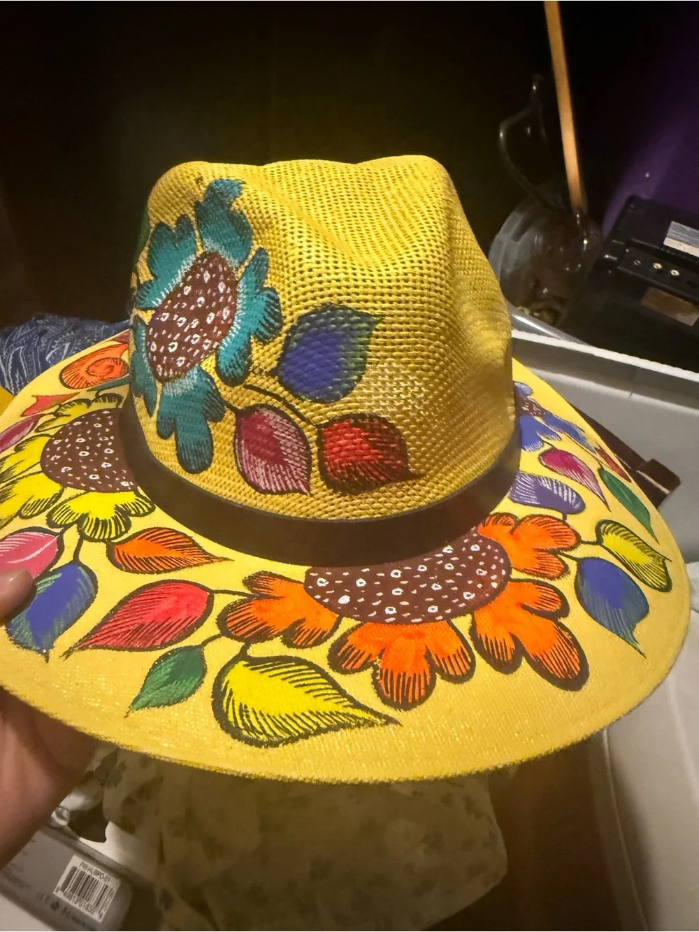 Kids Yellow Sunflower Print Straw Hat with Black Band